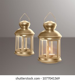 Set Of Golden, Realistic lanterns vector illustration eps 10. Metal hanging lanterns in Oriental style