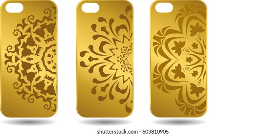 Set of golden realistic phone case with mandala. Vector template of smart phone back view mock up on isolated background.