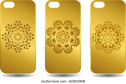 Set of golden realistic phone case with mandala. Vector template of smart phone back view mock up on isolated background.