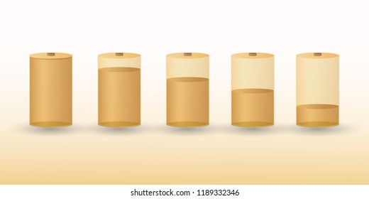 A set of golden rechargeable battery with different charge levels vector illustration