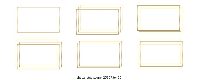 Set of golden rectangle frames. Shiny rectangular borders, glowy decorative frameworks, design elements for banners, birthday or wedding cards isolated on white background. Vector illustration.