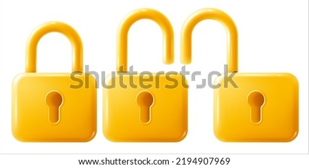 Set of golden rectangle padlocks with keyholes. Open and closed lock. Conceptual icons of security, protection, privacy e.t.c. Realistic but minimalistic style. Vector 3d illustration