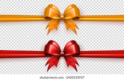 Set of golden and red realistic 3d bows with horizontal ribbon on transparent background. Yellow and scarlet three dimensional bow knots with silk tapes as gift wrapping element or present decoration