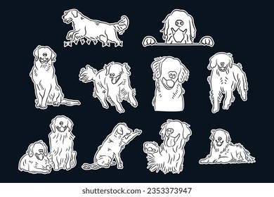 Set of golden retriever dogs hand drawn clip art. Sticker sketch doodle cartoon of dog labrador vector illustration