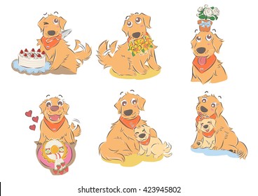 Set of Golden Retriever and puppy in various greeting season;  birthday, mother day and father day