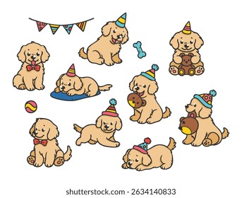 Set of Golden Retrievers with a party theme in various poses with hand-drawn vector illustrations. Doodle flat art style, isolated and easy to use for creative projects and designs.