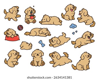 Set of Golden Retrievers in various poses with hand-drawn vector illustrations. Doodle flat art style, isolated and easy to use for creative projects and designs.
