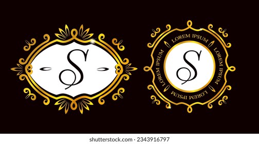 Set of golden retro frames. Collection of realistic golden badges, luxury labels and emblems. Mockup of vintage golden frames. Isolated vector illustration.