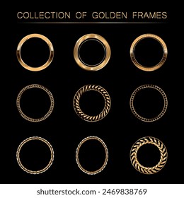 Set of golden retro frames on a black background. Collection of realistic gold badges, luxury label and emblem. Blank mockup of vintage golden frames. Isolated vector illustration.