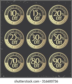 Set of golden  retro vector  discount badges.