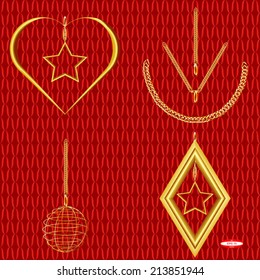 set of golden rhombus isolated on red background vector