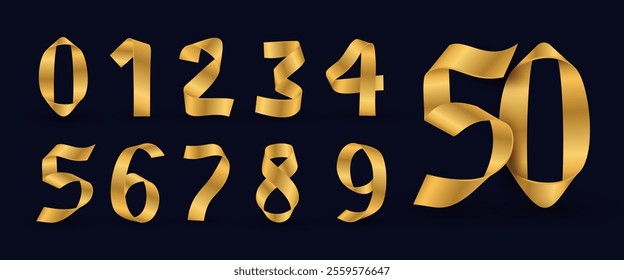 Set of golden ribbon 3D numbers. Birthday golden luxury numbers. Collection of gold gradient yellow isolated numbers. Bright realistic metallic 3D ribbon, vector design element. Template golden number