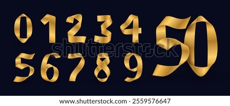 Set of golden ribbon 3D numbers. Birthday golden luxury numbers. Collection of gold gradient yellow isolated numbers. Bright realistic metallic 3D ribbon, vector design element. Template golden number