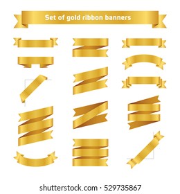 Set of golden ribbon banners. Flat vector gold tape collection. Glossy ribbons isolated on white background. Golden tapes. Label illustration for greeting card, gift, poster, flyer, your design.