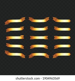 Set of golden ribbon banners on transparent background. Collection for your text. Vector illustration.