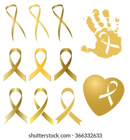 Set of golden ribbon in several different versions and tints of gold isolated on white. International Childhood Cancer Day. Vector illustration