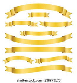 Set of golden ribbons and banners on white background. Collection of blank scrolls for your design. Vector illustration.