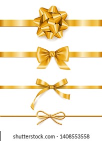 Set Of Golden Ribbons With Bows, Decoration For Gift Boxes Wrap, Design Element, Isolated On White Background, Vector Illustration