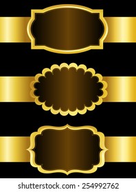 A set of golden ribbons with dark brown labels on a black background.