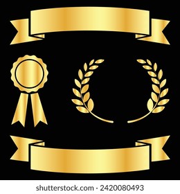 Set of golden ribbons, laurel wreaths of different shapes for winners gold podium vector illustration. 