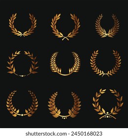 Set of golden ribbons, laurel wreaths of different shapes for winners gold podium vector illustration.