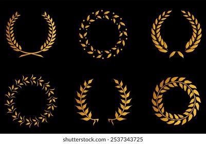 Set of golden ribbons, laurel wreaths of different shapes for winner's gold podium vector illustration. 3d realistic luxury leadership award with falling glitter and light smoke on dark background