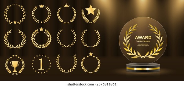 Set of golden ribbons, laurel wreaths, and glowing stars on a luxurious gold podium. 3D realistic award ceremony scene with glitter, light smoke, and a dark elegant background. Ideal for championship 