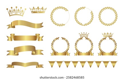 Set of golden ribbons, laurel wreaths of different shapes for winners. Recognition award, winners trophy. Golden award Templates ribbon banners for text, glamour product presentation, winner ceremony