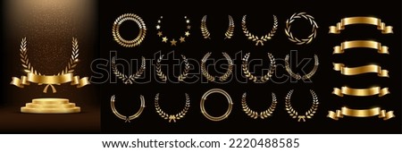 Set of golden ribbons, laurel wreaths of different shapes for winners gold podium vector illustration. 3d realistic luxury leadership award with falling glitter and light smoke on dark background