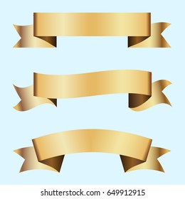 Set of golden ribbons on blue background. Vector illustration.