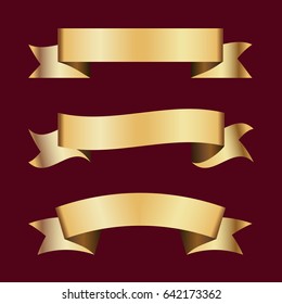 Set of golden ribbons on dark background. Vector illustration.