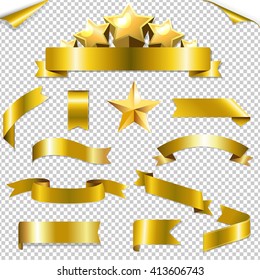 Set Golden Ribbons And Stars, With Gradient Mesh, Vector Illustration