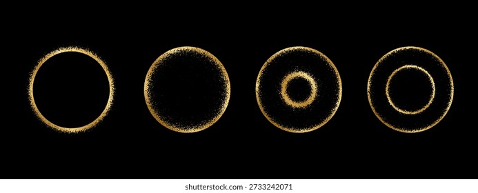 Set of golden rings with noisy texture. Gold round shapes with spray, scattered or mezzotint brush effect borders isolated on black background. Solar eclipse concept. Vector illustration.