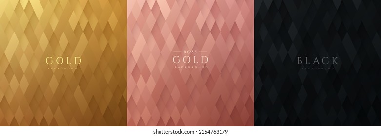 Set of golden, rose gold and black abstract rhombus shape pattern, Luxury 3D geometric pattern background. Can use for cover, artwork, print ad, poster, web banner. Simple and minimal. Vector EPS10.