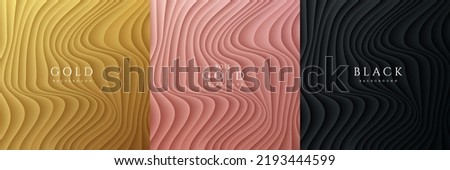 Set of golden, rose gold and black background in fluid liquid shape style. Abstract scene wavy pattern texture. Collection of luxury soft layers stripe background with copy space. Vector illustration.