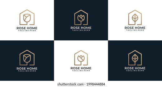 Set of golden rose house logo concept. Logo can be used for icon, brand, identity, decoration, boutique, hotel, and spa