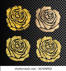 set of golden roses isolated on a transparent background