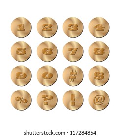 Set of golden round  buttons with numbers and signs. Vector. eps 10