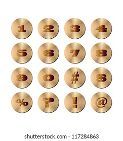 Set of golden round  buttons with numbers and signs. Vector. eps 10