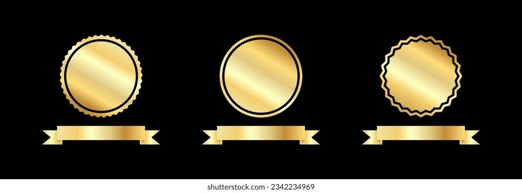 Set of golden round emblems with ribbon. Award or honor badge.