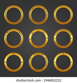 Set of Golden round frame app icons drawing for the game on gray background, vector illustration