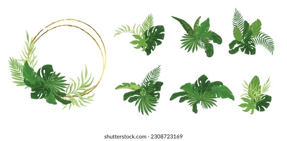 Set of a golden round frame with a composition of tropical leaves and different compositions to change. Background for wedding, invitation and parties.