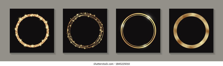 Set of golden round frames with glitter isolated on a black background.