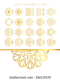 Set of golden round frames. Ornamental gold circle frames. Vintage round pattern. Filigree vector frame. Ornate label for design and place for text.