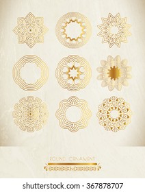 Set of golden round frames. Ornamental gold circle frames. Vintage round pattern. Filigree vector frame. Ornate label for design and place for text.