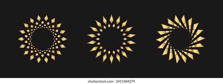 Set of golden round frames. Golden radial elements for logotypes and other things. Vector decorative elements.