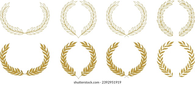 Set of golden round leafy laurel branches. Laurel wreath. Collection of vintage silhouette laurel wreaths. Heraldic trophy coat of arms. Greek olive branch award, round winner emblem