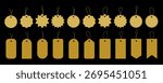 A set of golden round and rectangular price tags with a thread, isolated on a black background, vector illustration, flat design. Different forms of empty tags for offers, announcements, discounts
