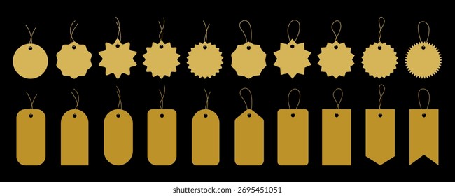 A set of golden round and rectangular price tags with a thread, isolated on a black background, vector illustration, flat design. Different forms of empty tags for offers, announcements, discounts