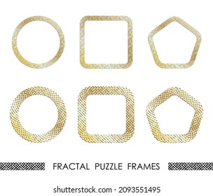 Set of golden round and square abstract geometric fractal PUZZLE frames for decorative headers. Gold ornates mosaic frames isolated on white background. Vector